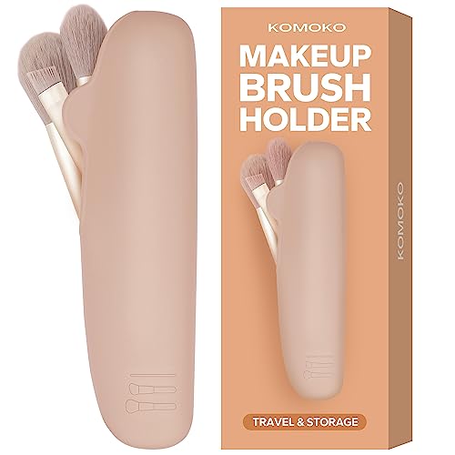 Komoko Travel Makeup Brush Holder, Silicone Makeup Brush Holder, Makeup Brush Travel Case, Soft and Sleek Makeup Tools Organizer, Convenient to Carry, Suitable for Both Travel and Home Use (Khaki)