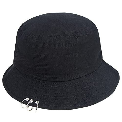 Kpop Bucket-Hat with1 Rings,Fisherman-Cap - Men Women Unisex Caps with Iron Rings Black
