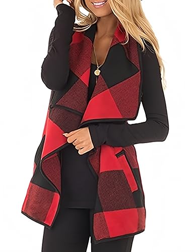 Unidear Womens Buffalo Plaid Vest Casual Lapel Open Front Sleeveless Cardigan Jacket Coat Outfits with Pockets Red and Black L