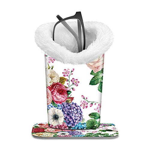 Fintie Plush Lined Eyeglasses Holder with Magnetic Base- Premium Vegan Leather Glasses Stand Case, Flower Festival