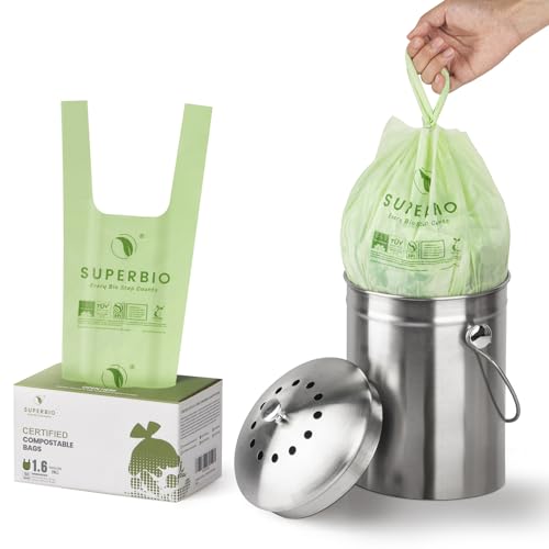 SUPERBIO 1.6 Gallon Compostable Handle Tie Food Waste Bags, 50 Count, 6 Liter, US BPI (commercially compostable only) & OK compost HOME and OK compost INDUSTRIAL Certified