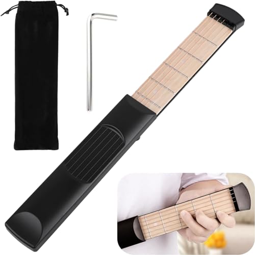 Acoustic Guitar Practice Tools for Beginner, 6 Strings 6 Fret Plastics Fingerboard Portable Pocket Guitar Practice Tool Chord Trainer for Beginner, Come with Tuning Wrench & Velvet Bag