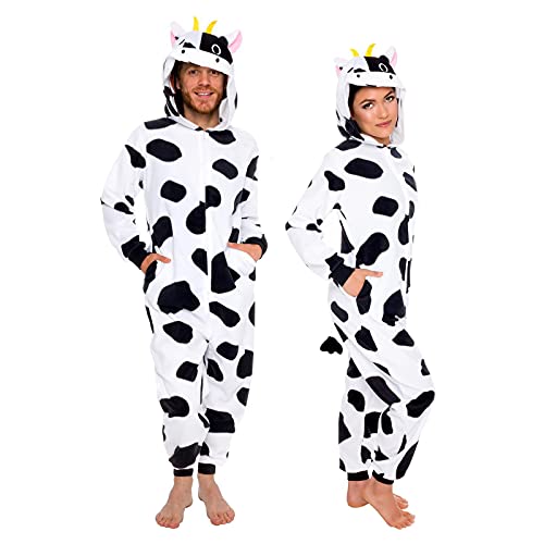 Slim Fit Adult Onesie - Animal Halloween Costume - Plush Fruit One Piece Cosplay Suit for Women and Men by FUNZIEZ! Cow