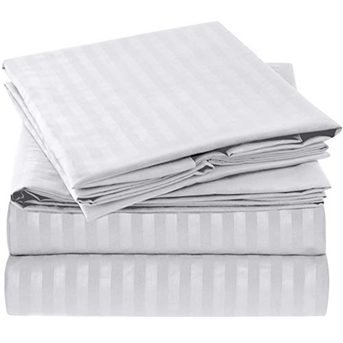 Mellanni King Size Sheet Set - 4 Piece Iconic Collection Bedding Sheets & Pillowcases - Extra Soft, Cooling Bed Sheets - Deep Pocket up to 16' - Wrinkle, Fade, Stain Resistant (King, Striped White)