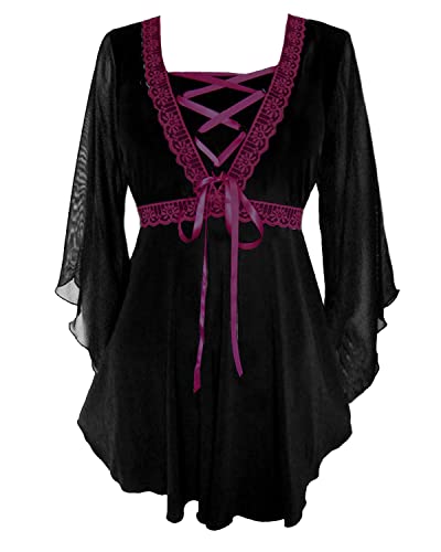 Dare to Wear Bewitched Corset Top: Victorian Gothic Medieval Women's Plus Size Maiden Blouse for Everyday Halloween Cosplay Festivals, Black/Burgundy 1x