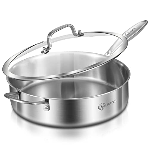 LOLYKITCH 6 QT Tri-Ply Stainless Steel Sauté Pan with Lid,Deep Frying pan,Large Skillet,Jumbo Cooker,Induction Pan,Oven Safe and Detachable Handle.
