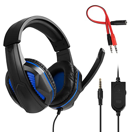 FNSHIP 3.5mm Port Wired Gaming Headset, Stereo Bass Noise Isolation Headphone with Mic Volume Control for PS4 New Xbox One PSP PC Laptop Tablet Cellphones (Black Blue)