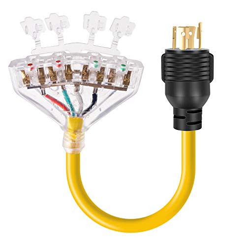 Rophor 30 Amp to 110 Adapter Generator Power Cord, 4 Prong 30 Amp to 15 Amp Generator Adapter, Nema L14-30P Male to 4X 5-20R Female with Dust Protection Caps, 1.5 FT