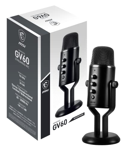 MSI IMMERSE GV60 Streaming Microphone (USB Type-C Interface and 3.5mm Aux, for Professional Applications with Intuituve Control in 4 Modes: Stereo, Omnidirectional, Cardioid and Bidirectional)