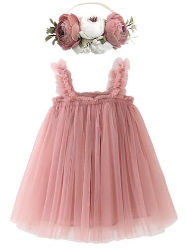 BGFKS Layered Tulle Tutu Dress for Toddler Girls,Baby Girl Rainbow Tutu Princess Skirt Set with Flower Headband.(Dusty Rose,6 Months)