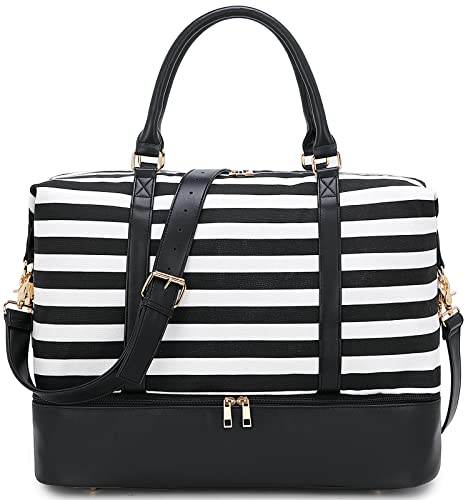 Travel Weekender Bag Women Canvas Duffle Overnight Carry on Shoulder Beach Tote Bag (Black Leather Black stripe with shoes compartment)