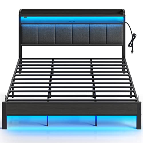 Rolanstar Bed Frame King Size with Charging Station and LED Lights, Upholstered Headboard with Storage Shelves, Heavy Duty Metal Slats, No Box Spring Need, Noise Free, Easy Assembly, Dark Grey