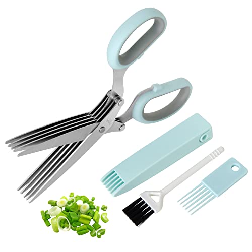 Styleonme Scissors Herb, Sharp Heavy Scissors for Cutting, Chopping and Cooking Fresh Garden Herbs, 5 Stainless Steel Blades and Covers, Vanilla Cutter Chopper Garden Kitchen Gadgets