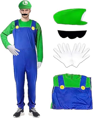 Koveinc Boys Super Bros Costume with Accessories Adult Overall Cosplay Costume Adult Green M