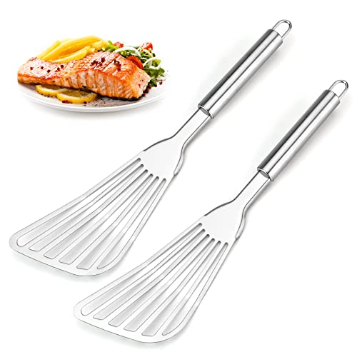 2-Piece Cualork Fish Spatula, Upgrade Metal Spatula, Big Size Spatula Stainless Steel, Premium Kitchen Spatula Set, Thickness Blade Spatulas Turner for Cooking, Flipping, Turning, Frying and Grilling