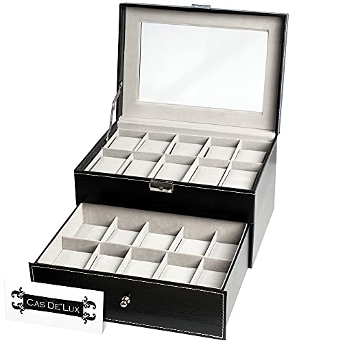 Watch Box Organizer Pillow Case 20 Slot Premium Display Cases with Framed Glass Lid Elegant Contrast Stitching Sturdy and Secure Lock for Men and Women Watch and Jewelry Large Holder Boxes