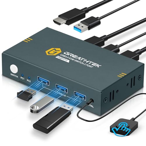 USB3.0 KVM Switch 2 Port HDMI, 4K@60Hz KVM Switch 1 Monitors 2 Computers with 3 USB3.0 Ports, HDMI KVM Switches for 2 PCs Share 1 Monitors and USB Devices, Support Button Switch, EDID