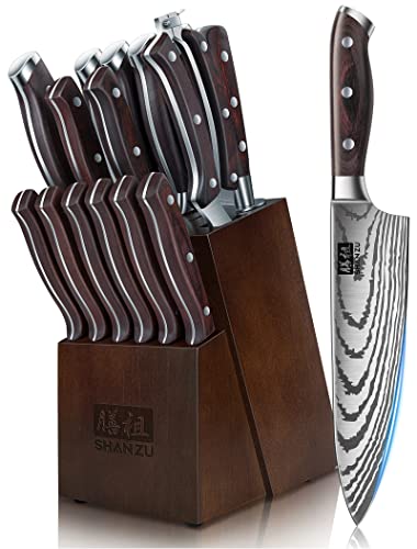 SHAN ZU 16-Piece Japanese Knife Set - High Carbon Stainless Steel Kitchen Knife Set with Block and Sharpener