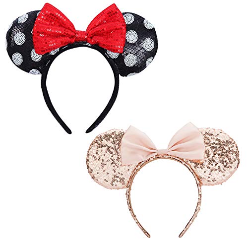 RAZKO Sparkled Minnie Ears headband, Girls Sequin Mickey Ears Headband Mouse Ears Headband for Cosplay Costume Glitter Party Hot Princess Decoration and Birthday Party (White dot&Gold)