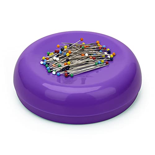 Coitak Magnetic Sewing Pincushion with 100 Plastic Head Pins, Magnetic Pins Holder for Sewing Quilting, (Purple)