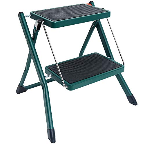 Delxo Step Stool Folding Ladder 2 Step Stool Heavy Duty Steel Sturdy Wide Pedal Lightweight Anti-Slip Portable & Collapsible Stool Folding Ladder Kitchen Step Stool for Adults 330 lbs Green