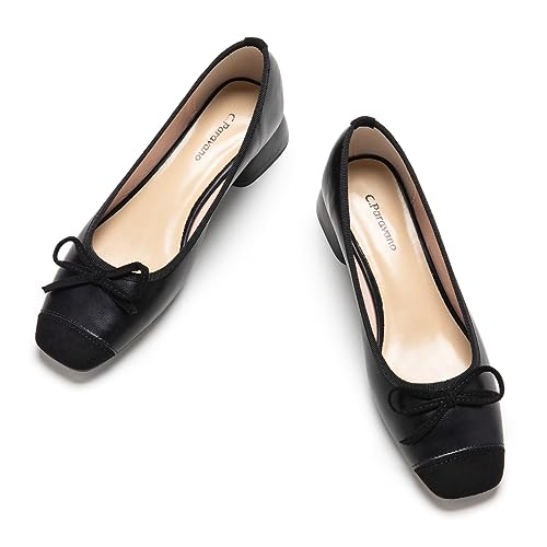 C.Paravano Women's Pump | Square Toe Low Block Heels | Closed Toe Chunky Heels | Leather Low Heel Pumps | Dress Wedding Shoes (Size 9,Black)