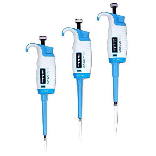 MICROLIT - 3-Piece Pipettes Set, Pipettes with Adjustable Volume, Highly Calibrated and Accurate Micropipette Set with 0.5-10ul, 10-100ul and 100-1000ul Liquid Capacity
