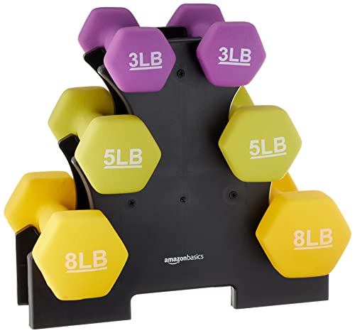 Amazon Basics Neoprene Coated Hexagon Workout Dumbbell Hand Weight, Rack with 3, 5, and 8 pound, Set of 3, Total 32 lb, Purple/Green/Yellow