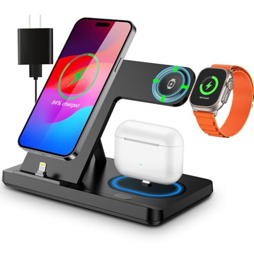 Charging Station for iPhone Multiple Devices, Foldable 3 in 1 Fast Charging Stand Dock for AirPods & iPhone 14 13 12 11 Pro X Max XS XR 8 7 Plus 6s, Apple Watch Charger for Apple Watch with Adapter