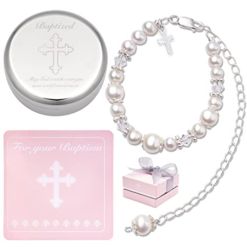 Tryuunion Baptism Bracelet in Sterling Silver and Cultured Pearls for Baby Girls, with Silver-plated Jewelry Keepsake Box,Great Catholic Christening and Baptism Gifts for Girl (Baptism-Girl)