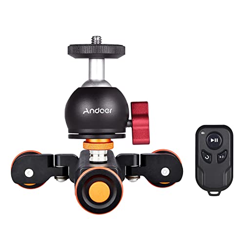 Andoer 3-Wheels Wireless Remote Control Motorized Camera Video Auto Dolly 3 Speed Adjustable with Mini Flexible Ballhead Mount Adapter Compatible with Canon Nikon Sony DSLR Camera Smartphone