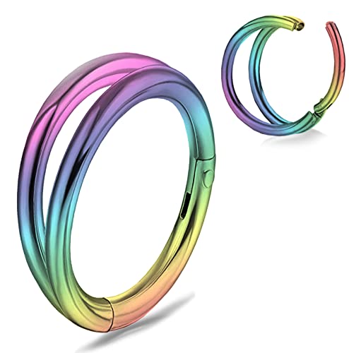 Carper Nose Ring Hoop Double for Single Piercing Lip Septum Rings Cartilage Earring Surgical Steel 16g Hinged Helix Daith Segment Conch Jewelry Women and Men(1Pcs Rainbow 8mm)