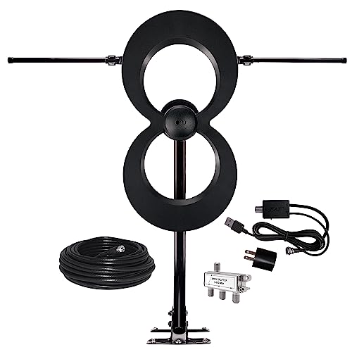 Antennas Direct ClearStream MAX-XR Complete UHF VHF Indoor Outdoor TV Antenna, Multi-Directional, 60-Mile Range – w/Cable, Mast, Amplifier, Splitter