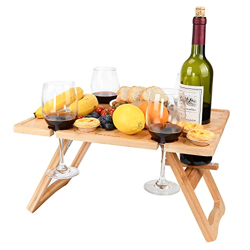 Tirrinia Bamboo Wine Picnic Table, Ideal Wine Lover Gift, Large Folding Portable Outdoor Snack & Cheese Tray for Concerts at Park, Beach