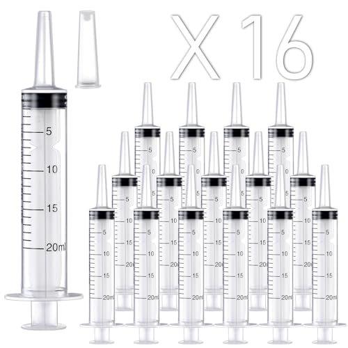 16 Pack 20ml Plastic Syringe, Large Syringes Tools for Liquid, Sterile and Individually Sealed for Measuring, Watering, Refilling, Feeding Pets, Scientific Labs, Oil or Glue Applicator