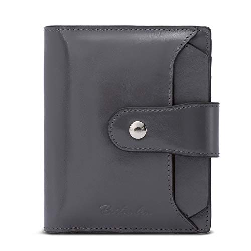 BOSTANTEN Women Leather Wallet RFID Blocking Small Bifold Zipper Pocket Wallet Card Case Purse with ID Window Deep Grey