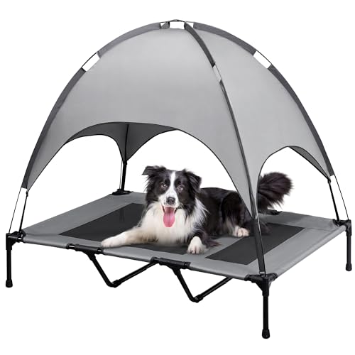 SUPERJARE XLarge Outdoor Dog Bed, Elevated Pet Cot with Canopy, Portable for Camping or Beach, Durable Oxford Fabric, Extra Carrying Bag - Dark Gray