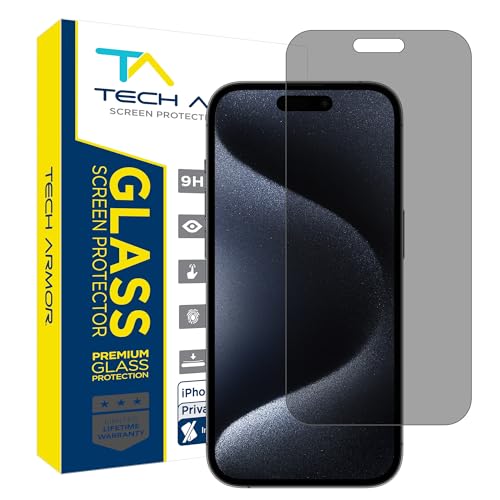 Tech Armor Privacy Screen Protector for iPhone 15 Pro Max 6.7 inch - Ballistic Tempered Glass, Anti-Spy, Case Friendly, Easy Installation, Bubble Free, Touch Support, 1 Pack