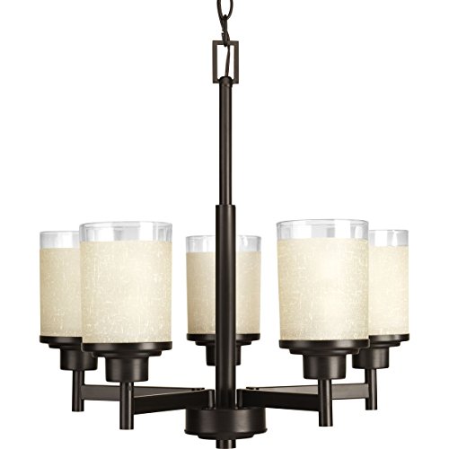 Alexa Collection 5-Light Etched Umber Linen with Clear Edge Glass Modern Chandelier Light Antique Bronze