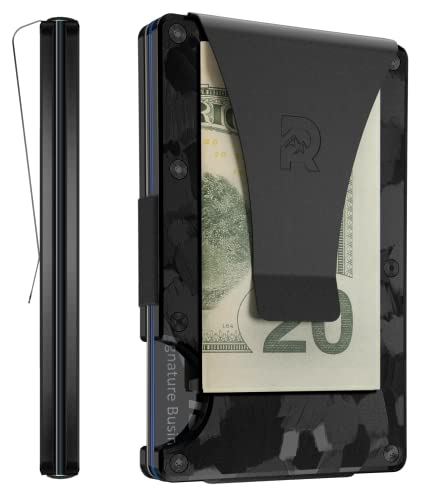 The Ridge Mens Minimalist Forged Carbon Metal Wallet - Rfid Blocking, Elastic, Slim, Front Pocket Credit Card Holder - With Money Clip, Forged Carbon