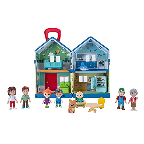 Cocomelon Deluxe Family House Playset with Music and Sounds - Includes JJ, Family, Friends, Shark Potty, Crib, Sofa, Chair, High Chair, Dining Room Table, Fridge, Activity Sheet - Amazon Exclusive