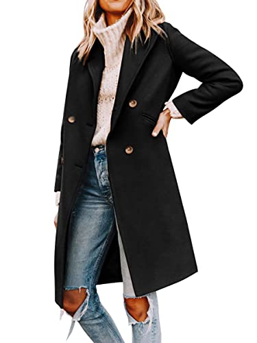 Yousify Womens Notched Lapel Collar Double Breasted Pea Coat Winter Wool Blend Over Coats Long Jackets Black M