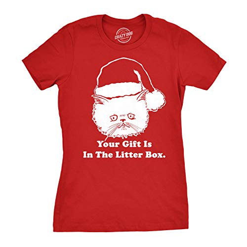 Womens Gift is in The Litter Box Funny Crazy Cat Christmas Holiday T Shirt Funny Womens Tee for Christmas Holiday with Cats Red L