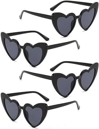 4/8 Pairs Heart Shaped Sunglasses Trendy Cat Eye Love Heart Sunglasses Vintage Retro Heart Glasses for Women(Black,4)