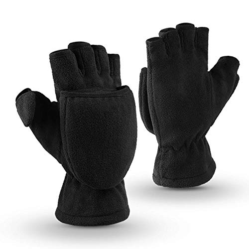 OZERO Thermal Gloves 3M Thinsulate Fingerless Convertible Winter Mittens Insulated Polar Fleece Windproof for Running/Cycling/Walking Dogs Warm for Man and Women (X-Large,Black)