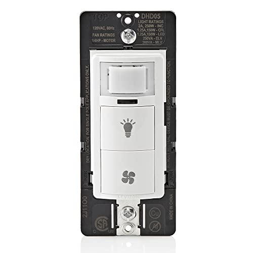 Leviton DHD05-1LW Dual Combination Humidity Sensor with Separate Light Switch, automate bathroom exhaust fan, air circulation, moisture control, Single Pole/Single Pole, ¼ HP, White