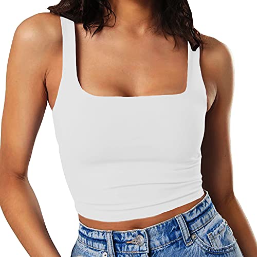 Artfish Women's Sleeveless Strappy Seamless Crop Tank Tops Square Neck Workout Fitness Basic Cropped Camis White, L