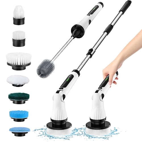 Leebein Electric Spin Scrubber, 2024 Electric Cleaning Brush with 8 Replaceable Brush Heads & Toilet Brush, Adjustable & Detachable Long Handle, Cordless Cleaning Brush for Bathroom, Tub, Tile, Toilet