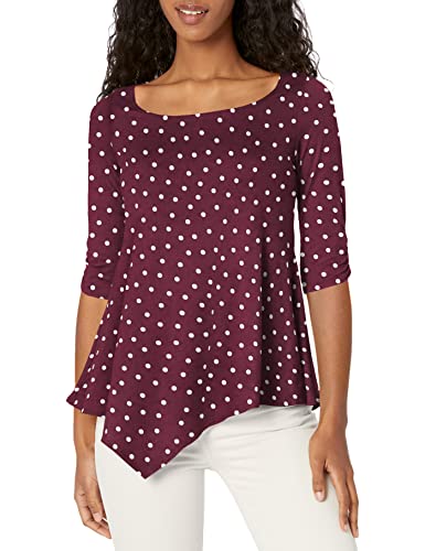 Star Vixen womens Star Vixen Women's Hanky Hem Top, Elbow Sleeve With Cinch Detail Blouse, Plum Dot, Medium US