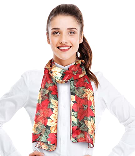 CBC Crown Christmas Scarf - Christmas Theme Candycane, Poinsettia Scarf Accessories, 13' x 60' Inches, Made In Korea (Poinsettia-Gold Multi)